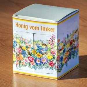 1er Geschenkverpackung „Bienen auf Blüten“ Honigkarton für 1 x 500g Honigglas
