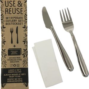 Use & Reuse Besteckset 2er (Gabel+Messer) in Bestecktasche mit Serviette, 100 Stck./Pack